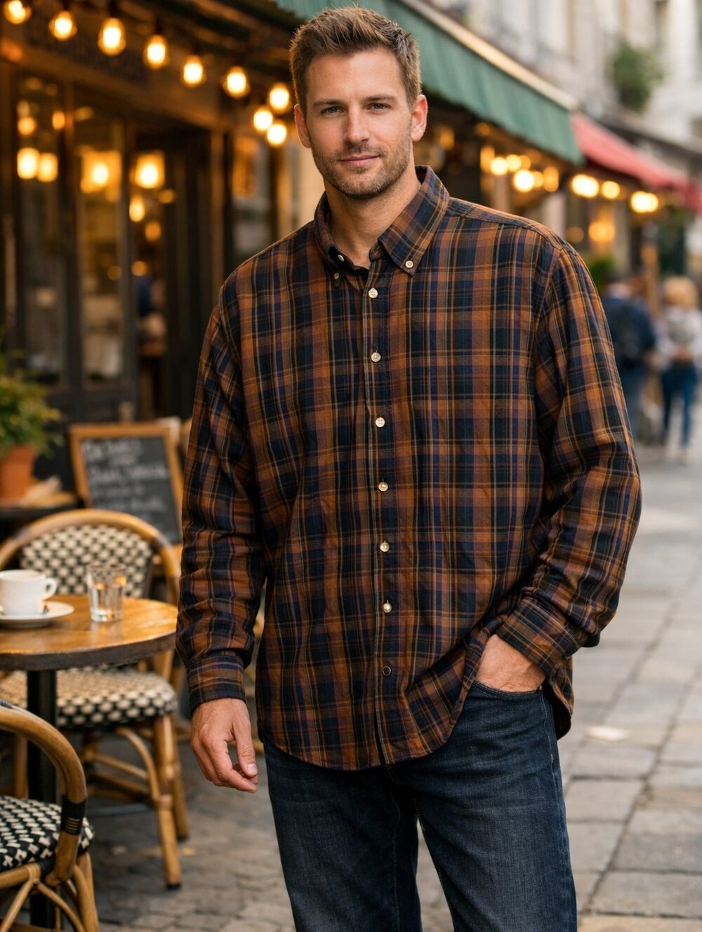 Haupt fashion fit Brown Blue plaid button down shirt Size XL/ 17.5 EUC